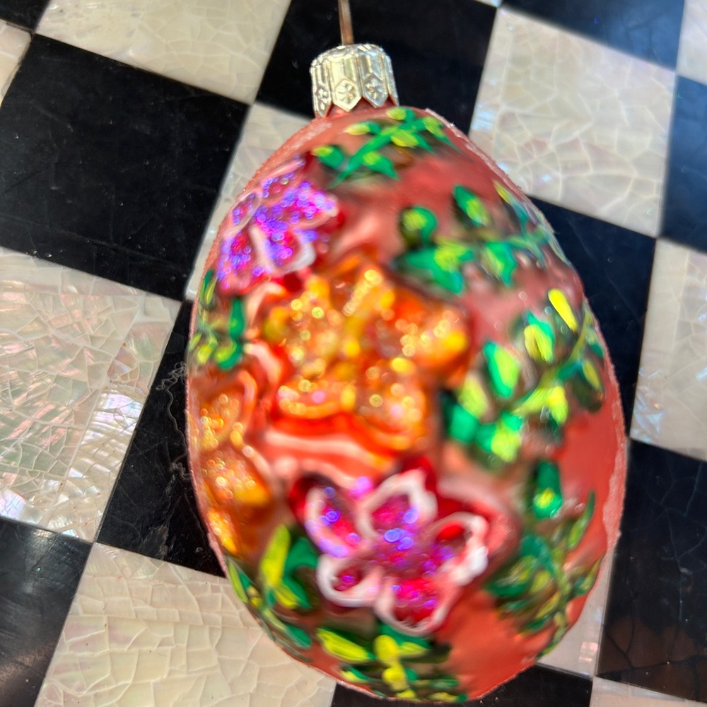 Christopher Radko Floral Egg Ornament - Coral, Pink and Green